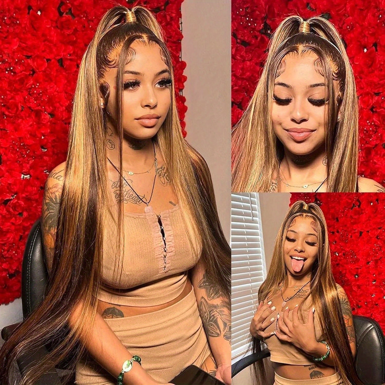 Honey Blonde 13X4 HD Lace Front Wig Human Hair Highlight Straight Lace Frontal Wigs Human Hair Pre Plucked 28 Inch 180 Density Ombre Wigs for Women P4/27 Colored Glueless Wig with Baby Hair